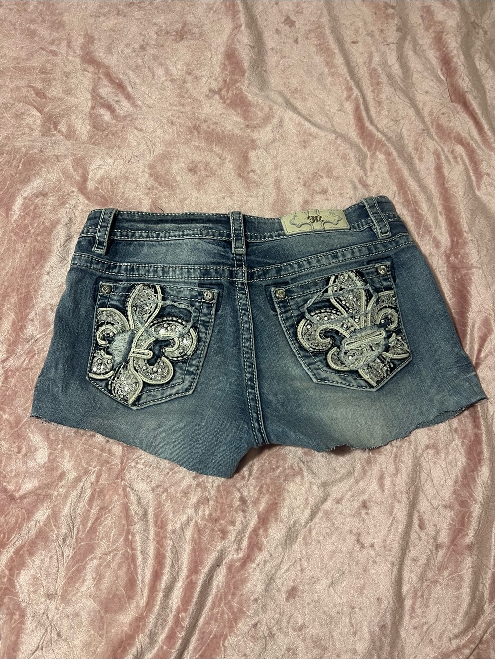 Miss Me Blue Cut Off Denim Shorts with Embellished Fleur-de-Lis Pockets